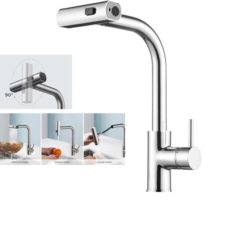 Chrome Plated Deck Mounted Brass Wholesale Pull Out Sprayer Shower Rain Waterfall Kitchen Faucet