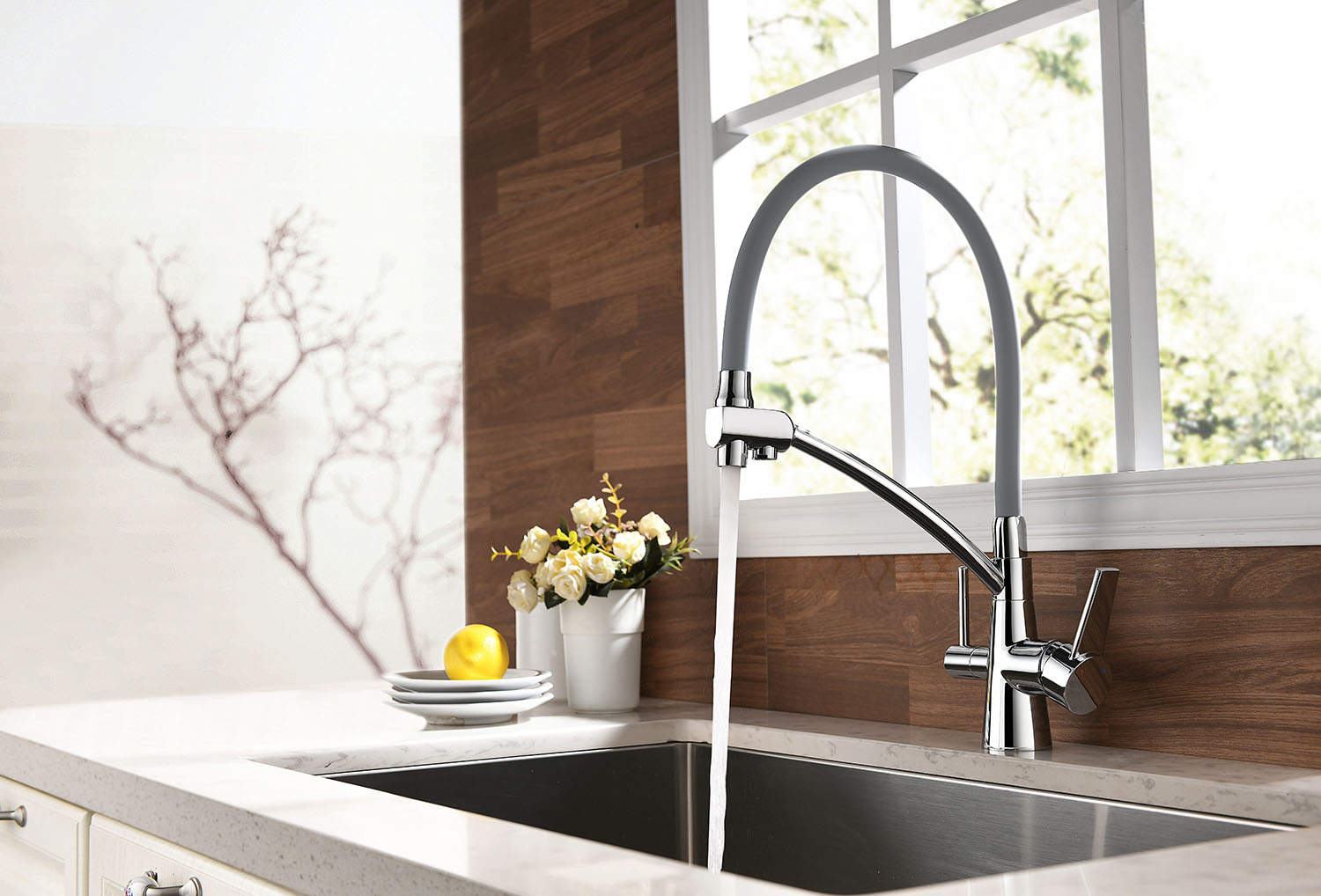 Chrome or Bronze Finish  Deck Mounted Dual Handle Soft Silicon Spout  3 Ways Drinking Water Faucet Filter RO System