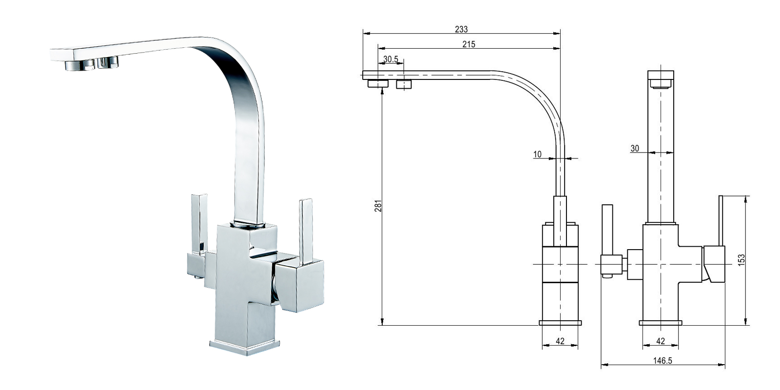 Chrome Plated Brass Square Three Way Kitchen Mixer Faucet for Pure Water