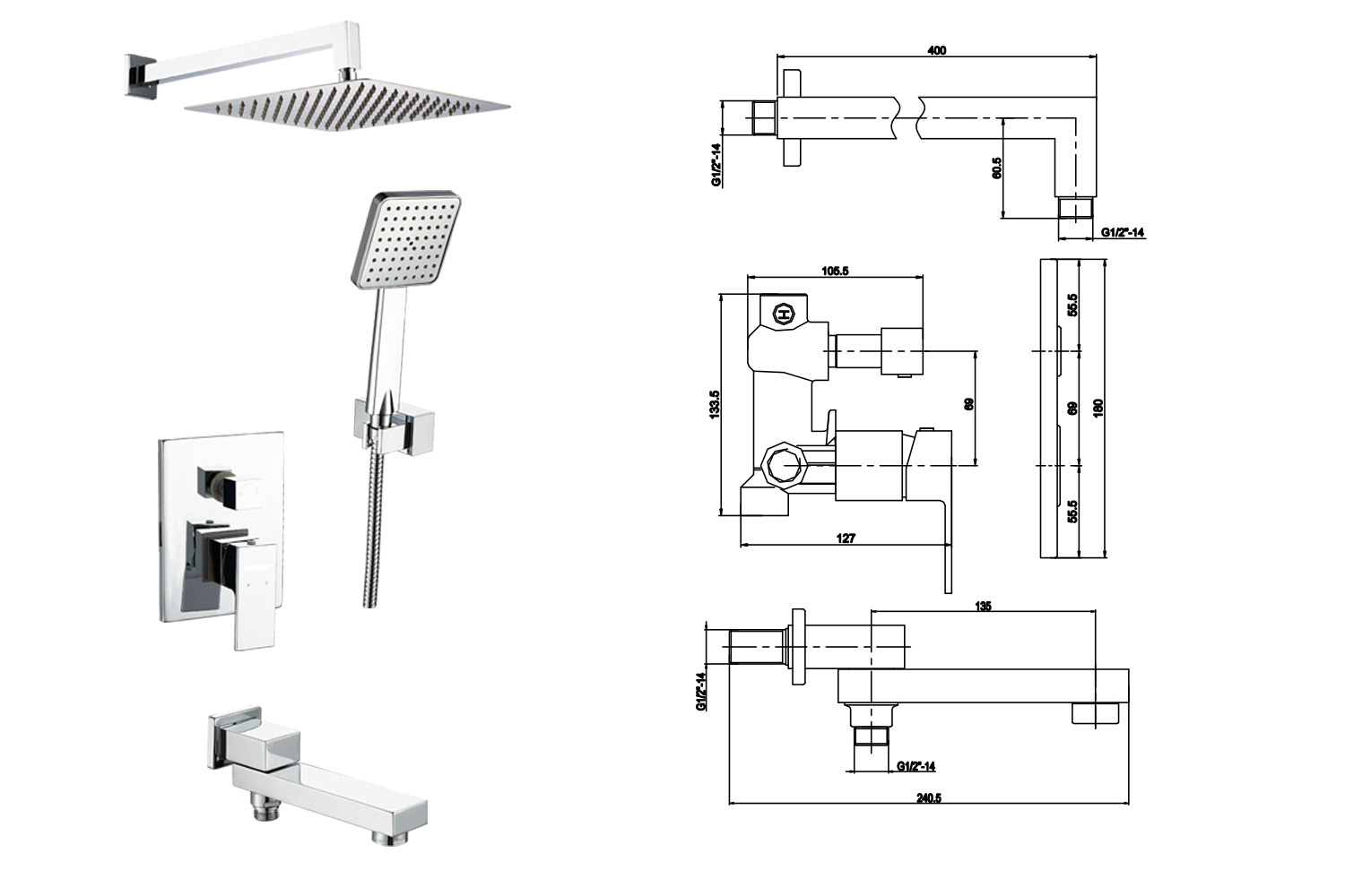 Chrome Square Concealed Shower Faucet In-Wall Shower Faucet Set With Handshower