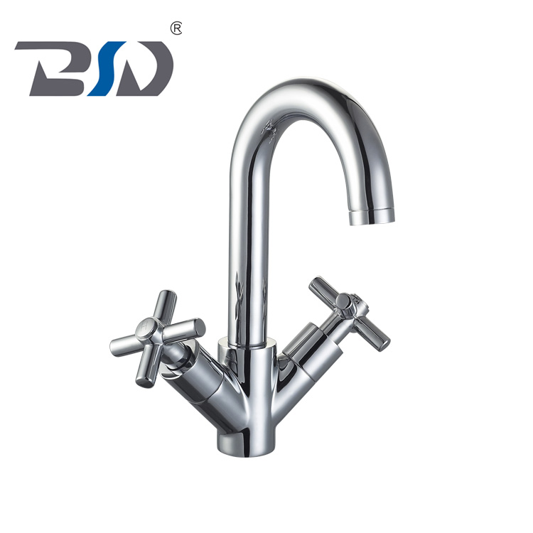 Dual Handle Brass Bathroom Chrome Polished Deck Mounted Basin Faucet Mixer With Rotatable Spout