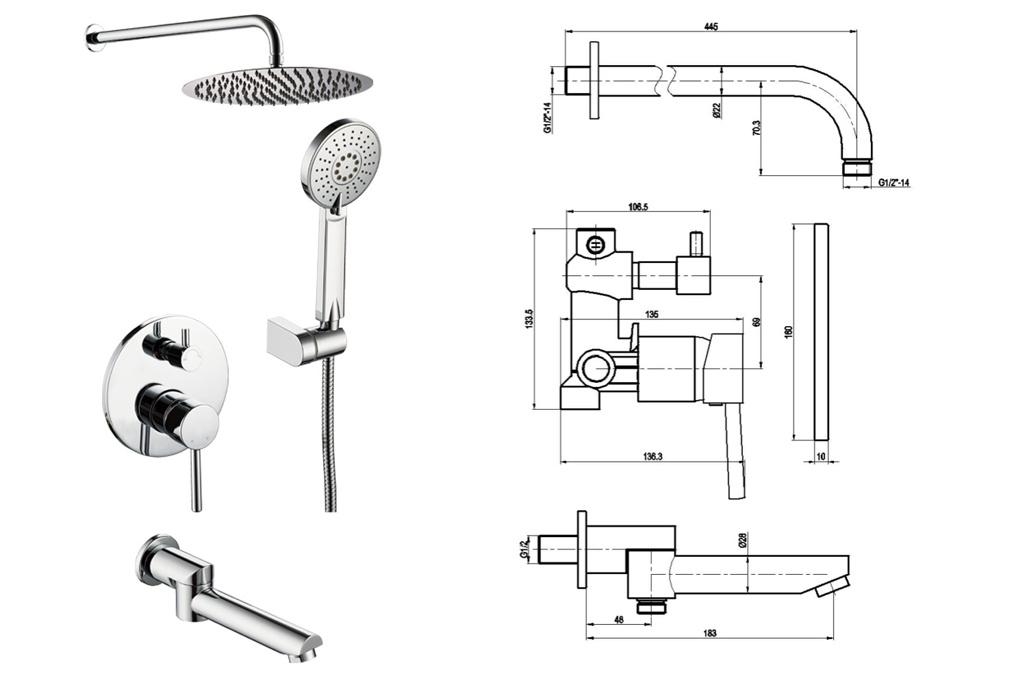 In-Wall Luxury Concealed Faucet Wall Mount Brass Faucet Chrome Shower Set With Rainfall Shower
