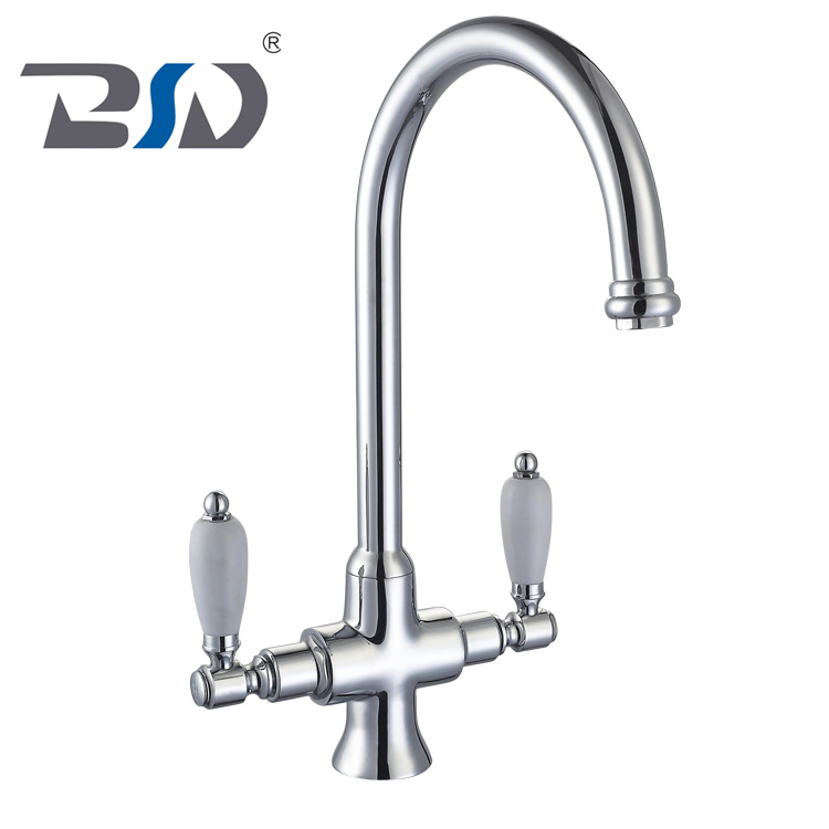 Deck Mounted Chrome Gold Double Handle Brass Sink Mixer Kitchen Faucet