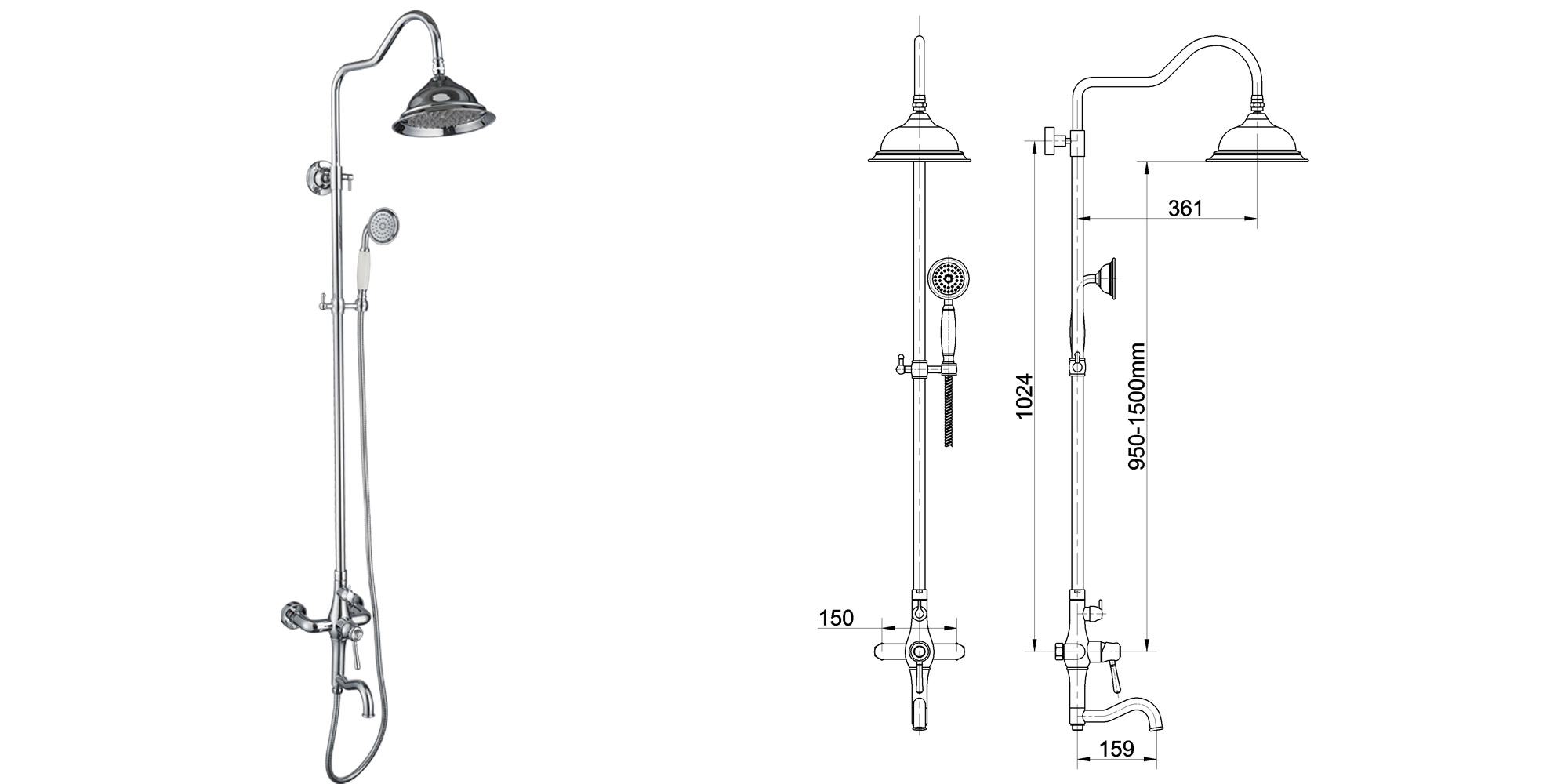 Chrome Plated Diamond Handle Luxury Brass Shower Set With Stainless Steel Shower Head and Brass Telephone Shape Handset