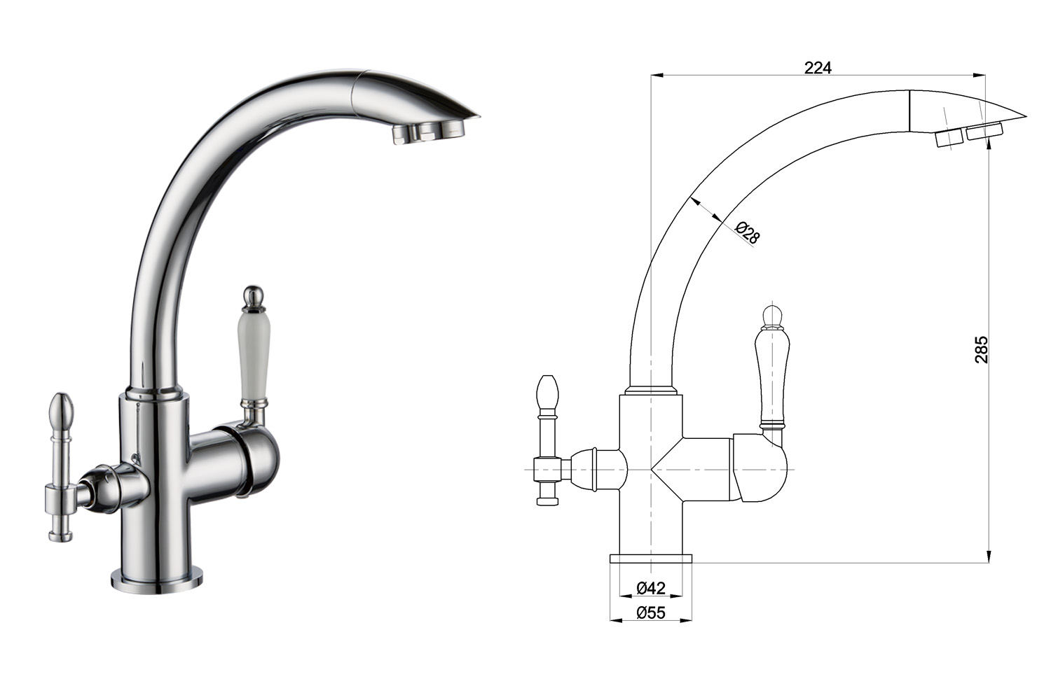 Premium Solid Brass Chrome Three Way Water Filter Tap Tri-Flow Kitchen Faucet Mixer