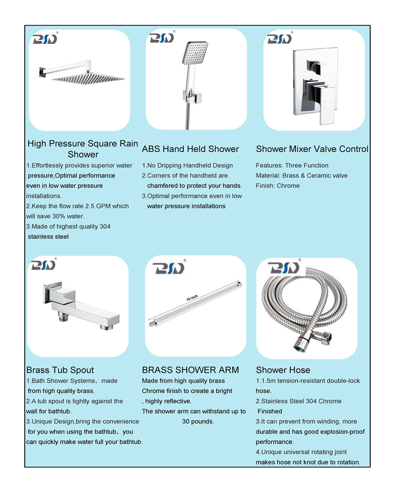 Chrome Square Concealed Shower Faucet In-Wall Shower Faucet Set With Handshower