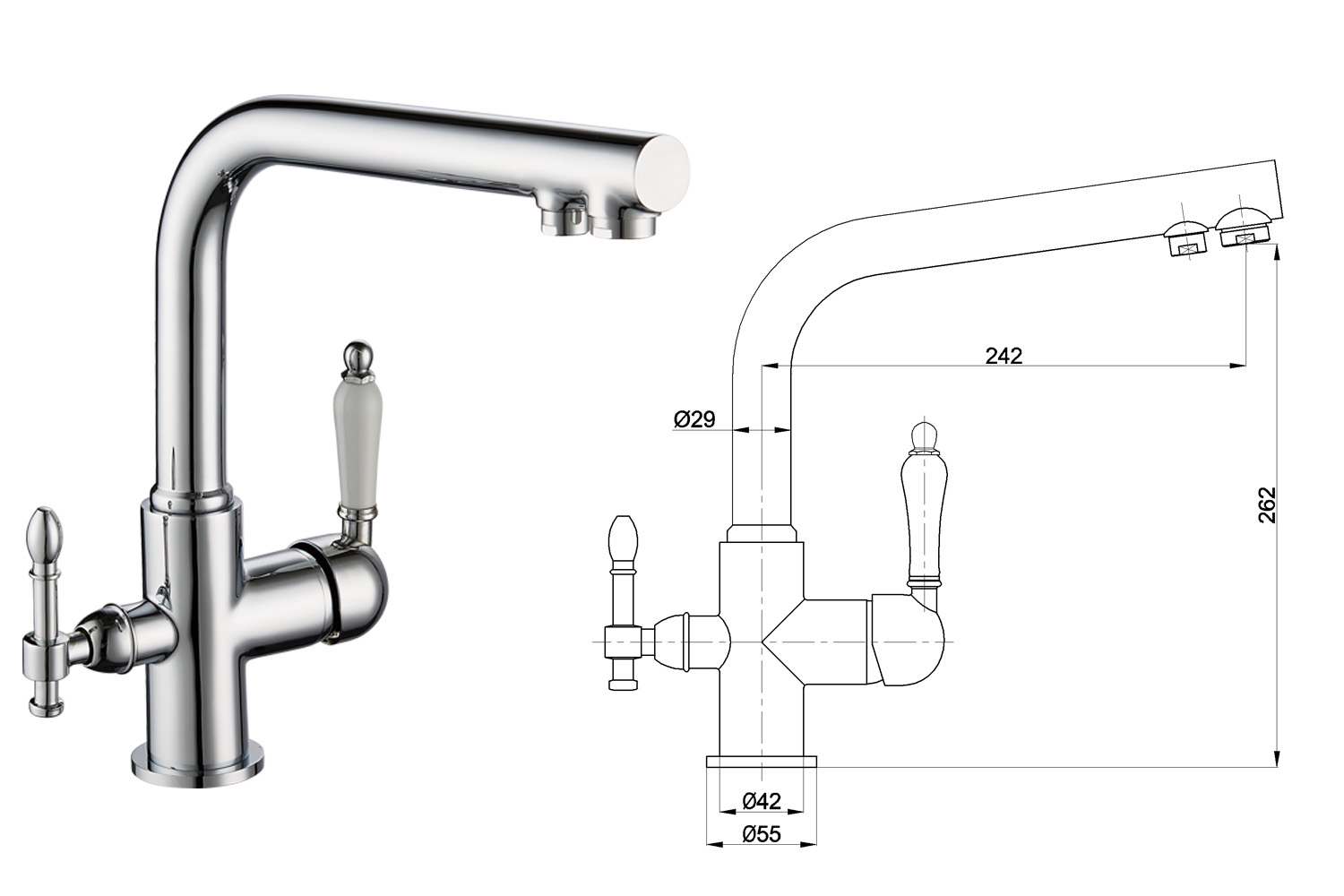 Chrome Polished Three Way Kitchen Mixer Deck Mounted Ceramic Handle 3 in 1 Sink Kitchen Faucet