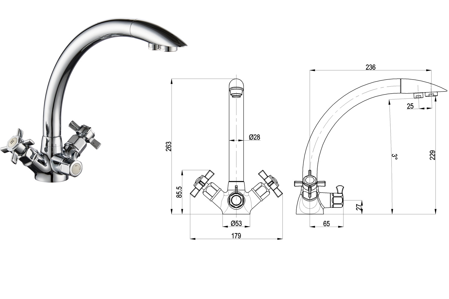 Three Flow 3 Way Kitchen Faucet for Reverse Osmosis Water Filtration System and Hot and Cold Tap Water Chrome Lead Free