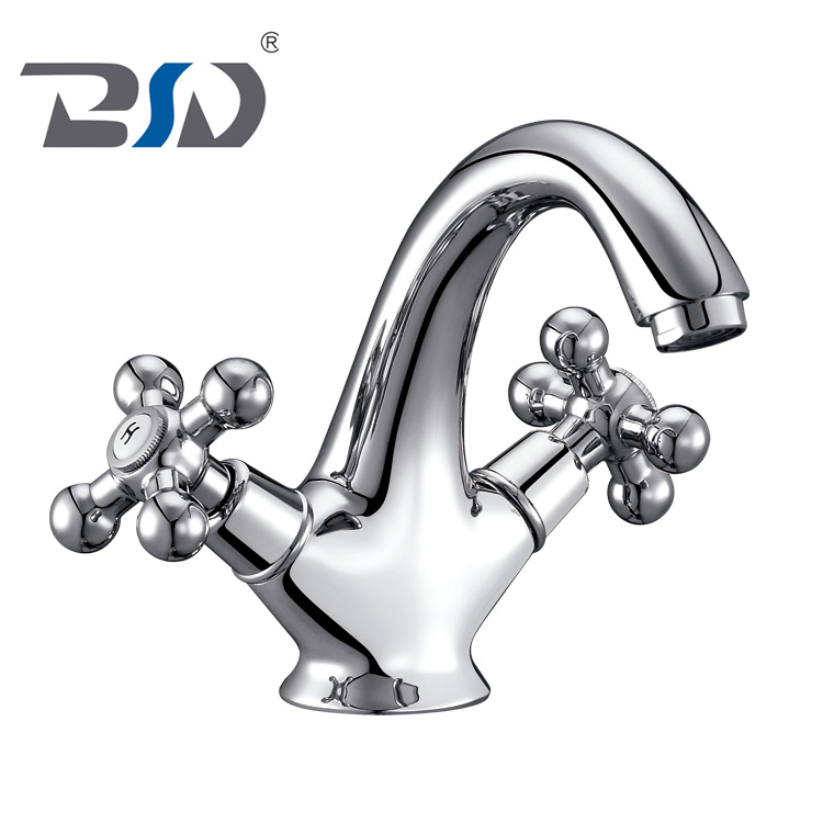 Single Hole Bathroom Sink Mixer Tap Chrome Deck Mounted Double Cross Handle Basin Faucet