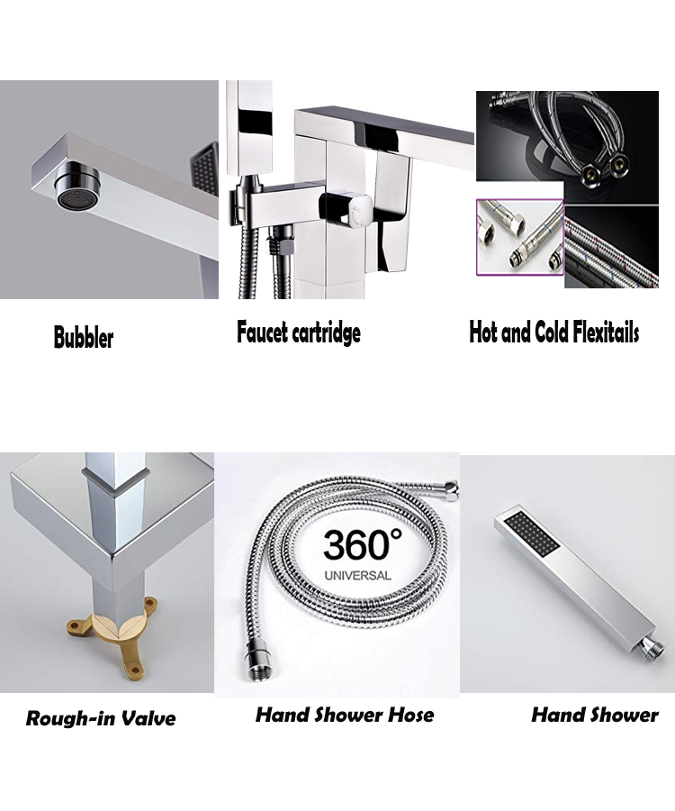 Brass Square Freestanding Shower Bath Faucets Mixer Floor-Stand Chrome Bath Faucet