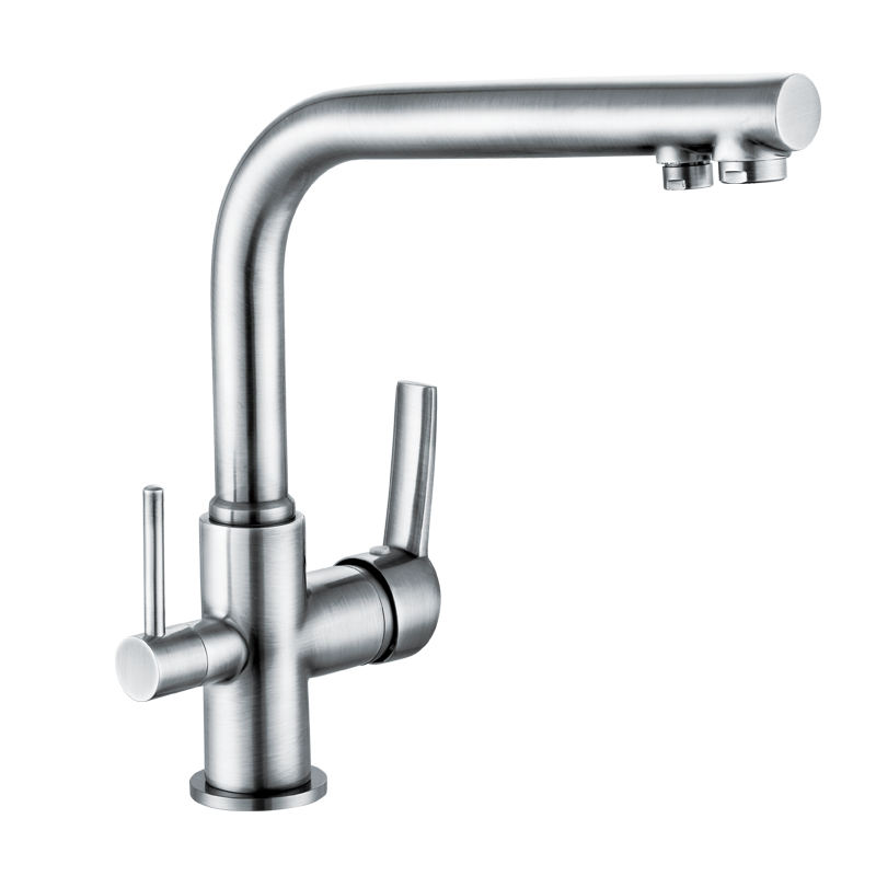 Dual Handle Chrome Plated Brass Three Way Kitchen Faucet Purified Water Sink Mixer