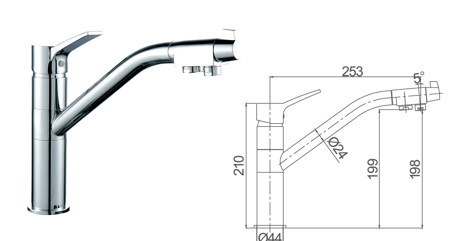 Single Handle Brass Chrome Polished Three Way Kitchen Faucet 3 Way Sink Mixer